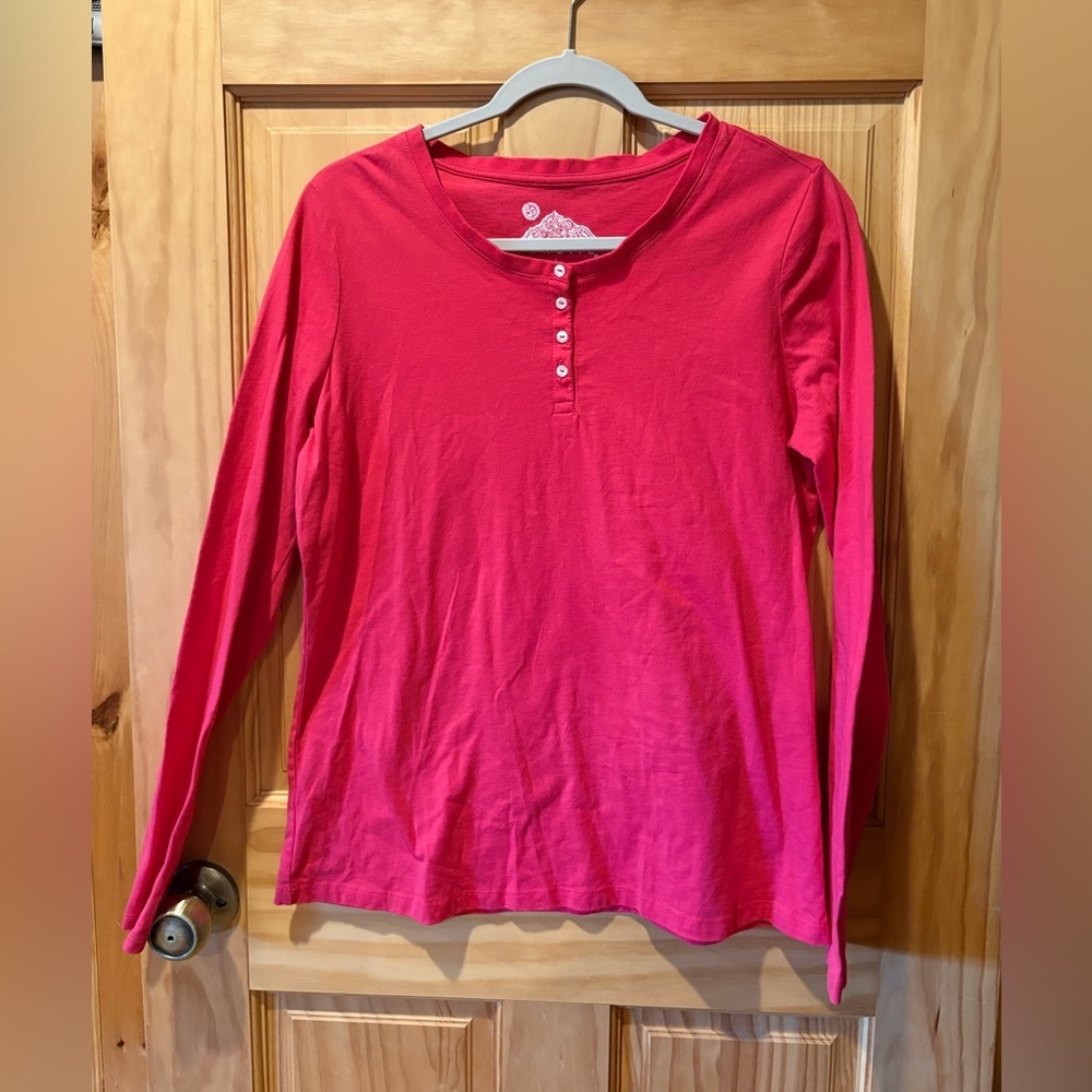 Sahalie 100% cotton women's henley long-sleeve pink size L